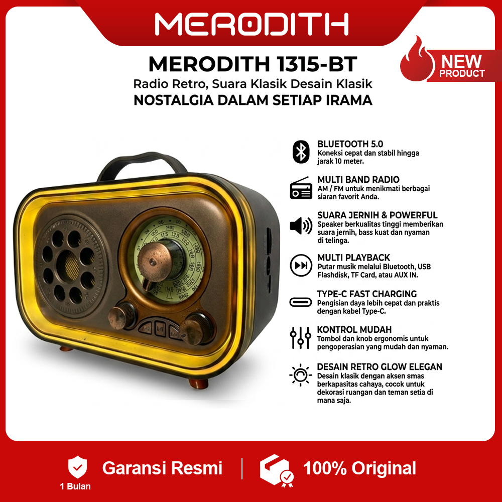 Merodith MD-1315 Speaker Retro Bluetooth Multifungsi FM/AM/SW TF Card USB Rechargeable Desain Klasik Elegan untuk Rumah Kantor atau Kumpul Teman - Radio