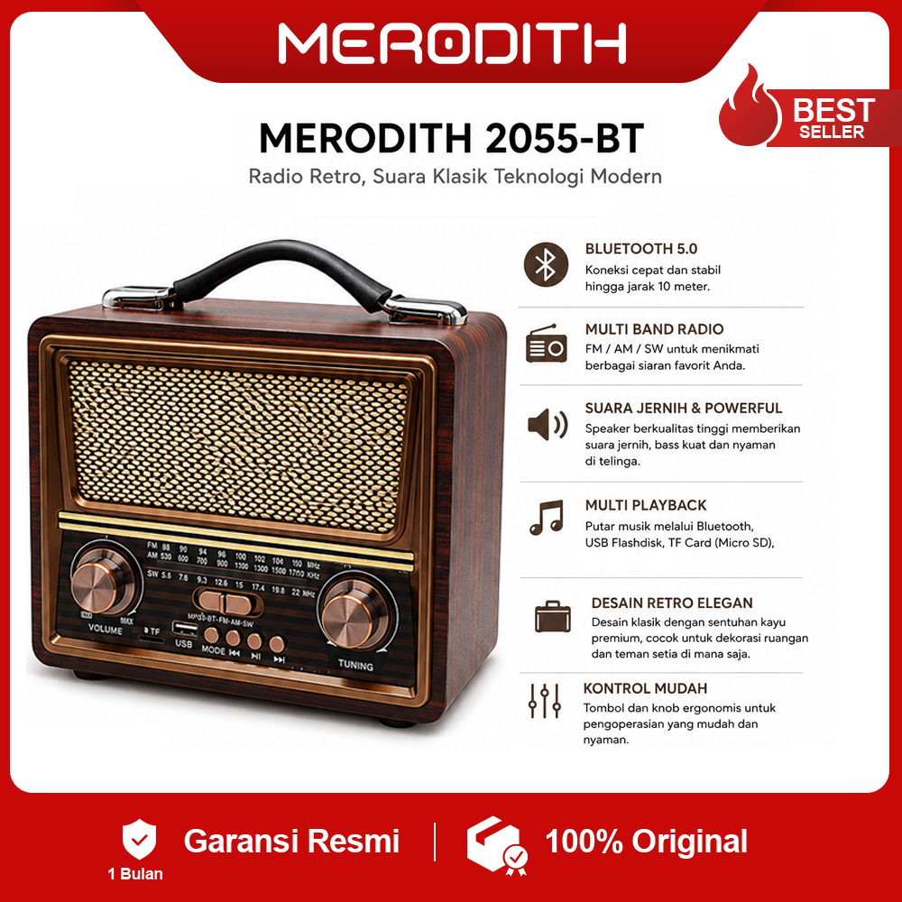 Radio Portable Charge FM/AM/SW Speaker Bluetooth Radio TF/USB 2055BT Estetik dengan Subwoofer untuk Kado Orangtua