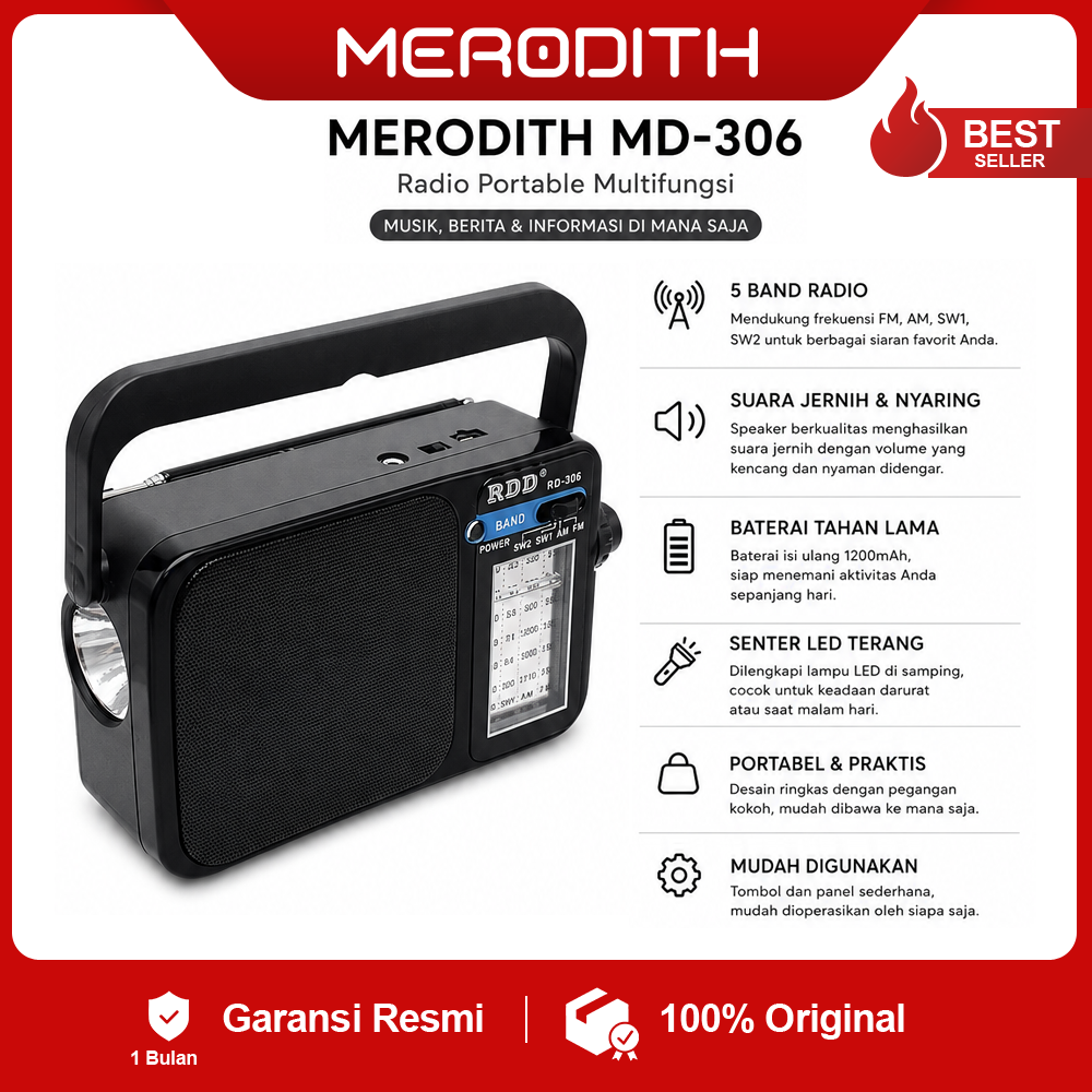 Merodith RDD RD-306 Radio Saku Mini Portable FM/AM/SW dengan Murottal & Senter Suara Jernih Baterai Awet Spiker 3 Band Garansi 1 Bulan