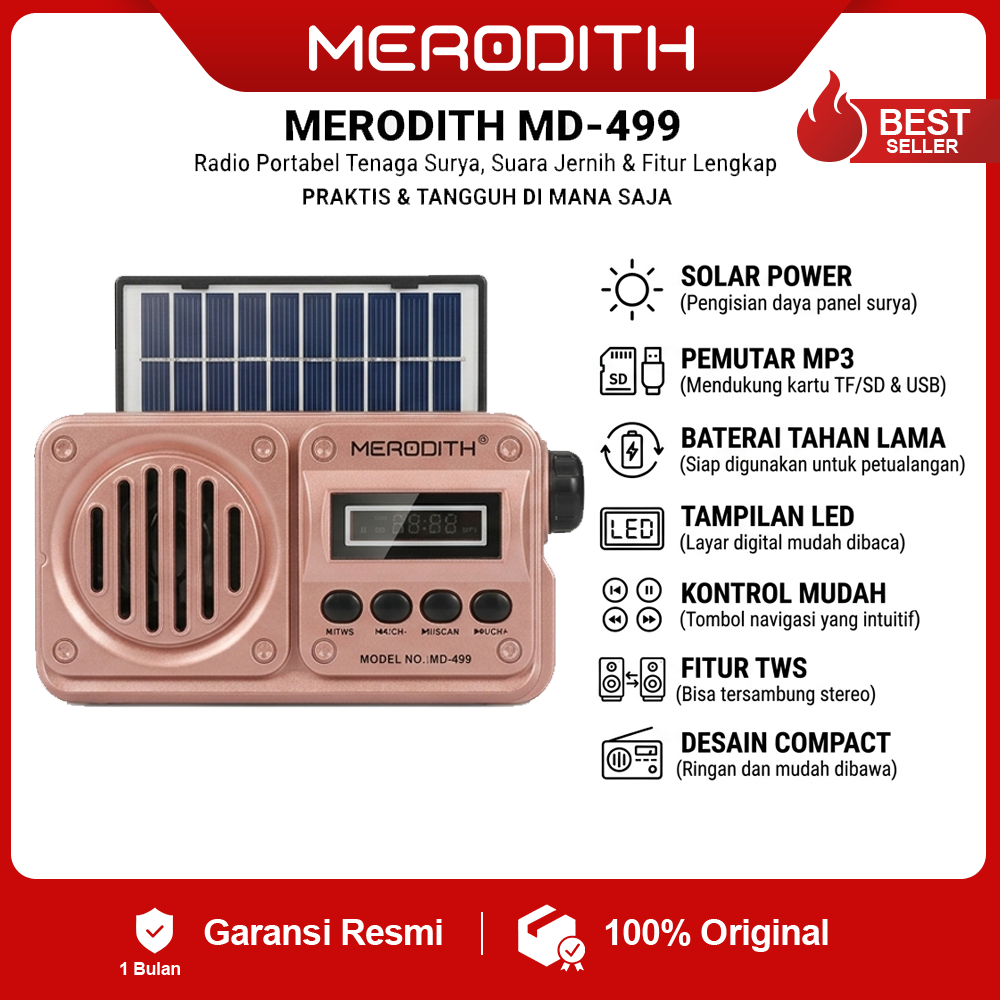 Merodith Radio Portabel RD-BT499VS Baru AM/FM Mini Player Outdoor dengan Panel Surya & Bluetooth Speaker Kualitas Tinggi Baterai Tahan Lama - Antena, Jam