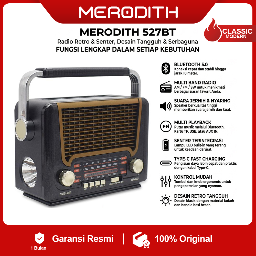 Radio Portable Retro Solar RD-527BTS dengan Bluetooth , Suara Jernih, & Power Bank USB/TF, Desain Klasik, Suara Kuat, & Fitur Lengkap