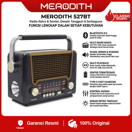Radio Portable Retro Solar RD-527BTS dengan Bluetooth , Suara Jernih, & Power Bank USB/TF, Desain Klasik, Suara Kuat, & Fitur Lengkap