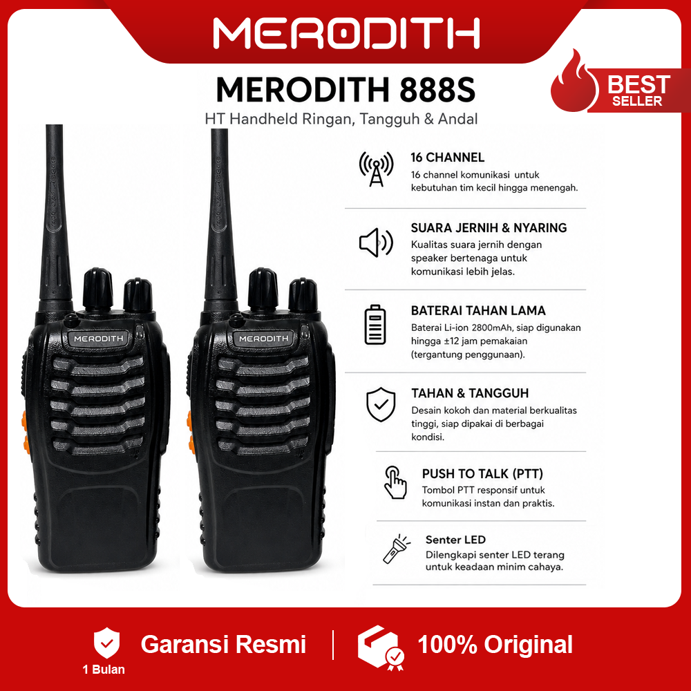 Merodith 888S Walkie Talkie 2 Unit UHF Radio Komunikasi Jarak Jauh LED Antena 16 Kanal 400-470Mhz Ideal untuk Outdoor & Keamanan Ht