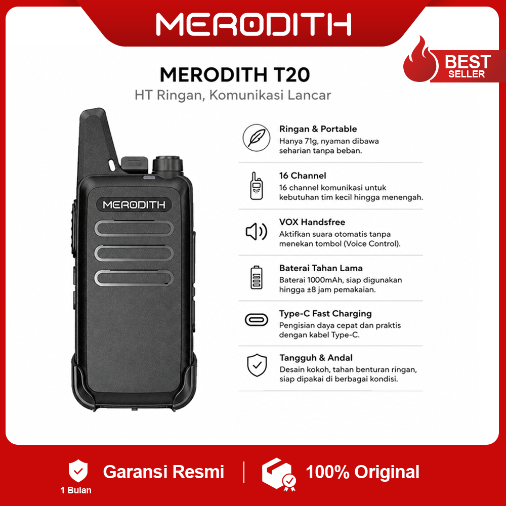MERODITH T20 Walkie Talkie UHF 16 Channel | Set 2 Unit | Jarak 1-5 KM | Hitam | Kompatibel WLN KD C1 | Ideal untuk Outdoor dan Komunikasi Jarak Jauh Ht