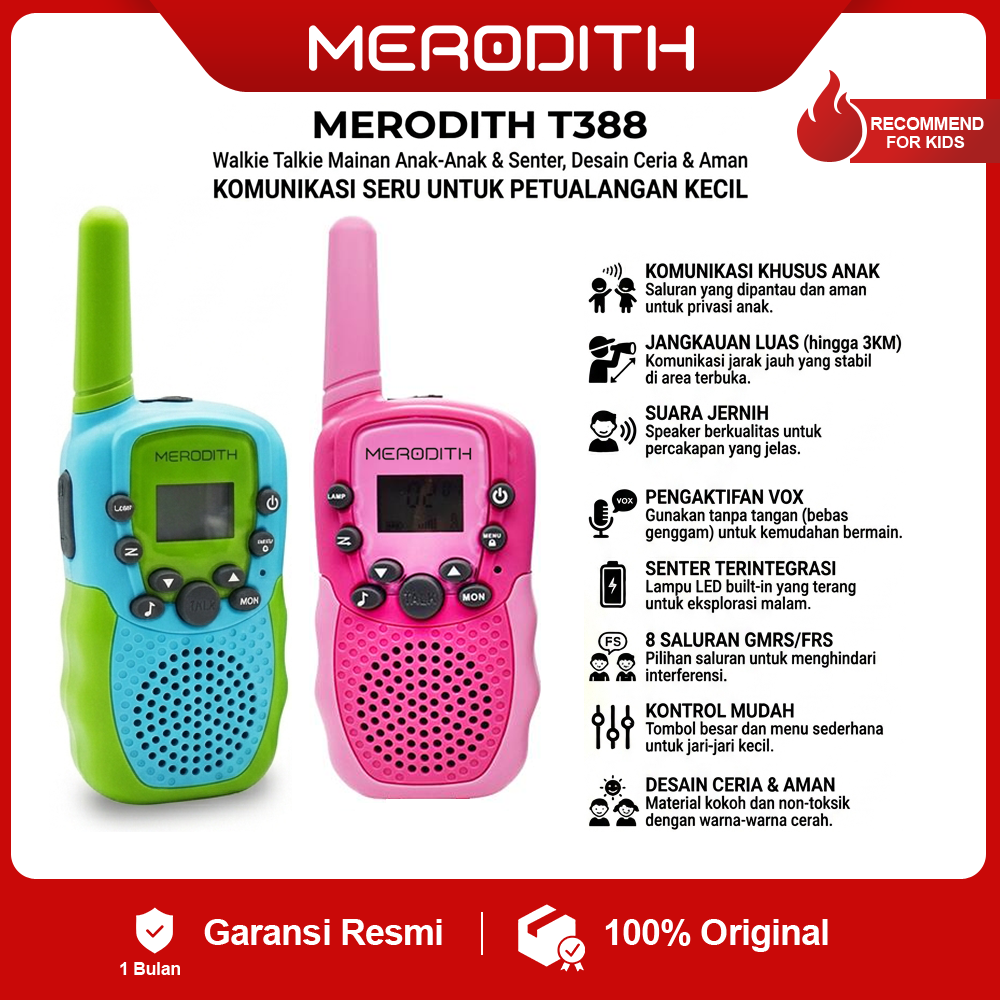 Merodith T388 Walkie Talkie Anak - Mainan Seru & Aman Jangkauan 3KM 8 Saluran VOX LED Senter Portabel Biru LED - Control