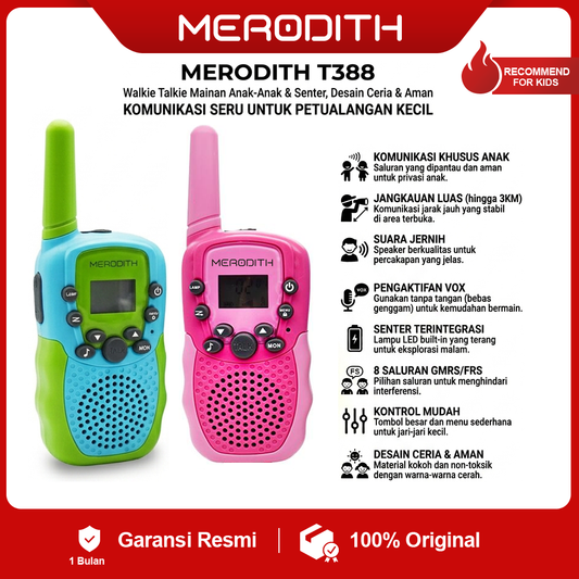 Merodith T388 Walkie Talkie Anak - Mainan Seru & Aman Jangkauan 3KM 8 Saluran VOX LED Senter Portabel Biru LED - Control