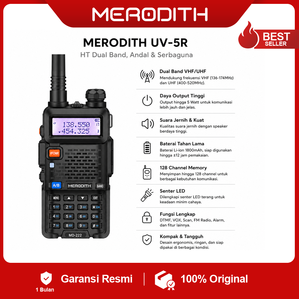 HT MERODITH UV5R Walkie Talkie Dual Band 5W Walkie talkie 5-10km UHF+VHF dual band Handy Talky jarak jauh