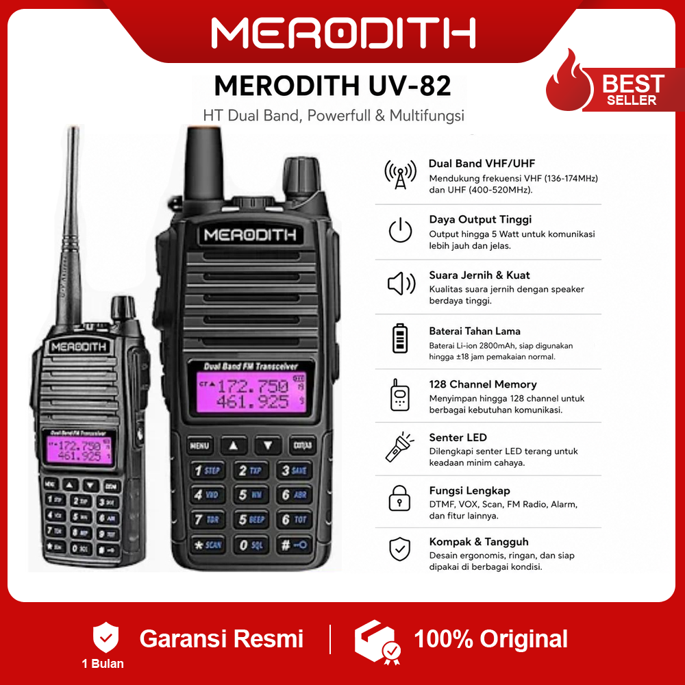 HT UV82 Merodith Original Dual Band VHF+UHF Walkie Talkie 2 Arah dengan FM & Antena + Adaptor + Led Anti Air HT 5-10 km