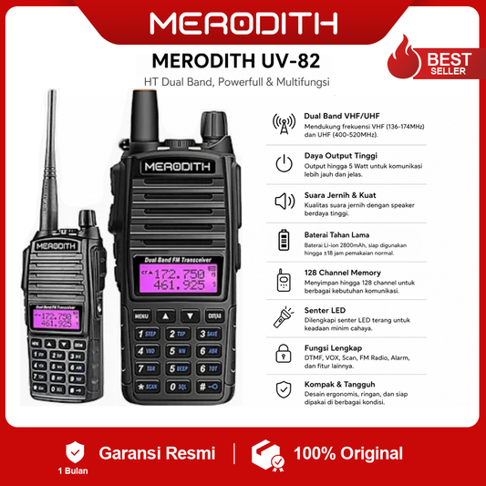 HT UV82 Merodith Original Dual Band VHF+UHF Walkie Talkie 2 Arah dengan FM & Antena + Adaptor + Led Anti Air HT 5-10 km