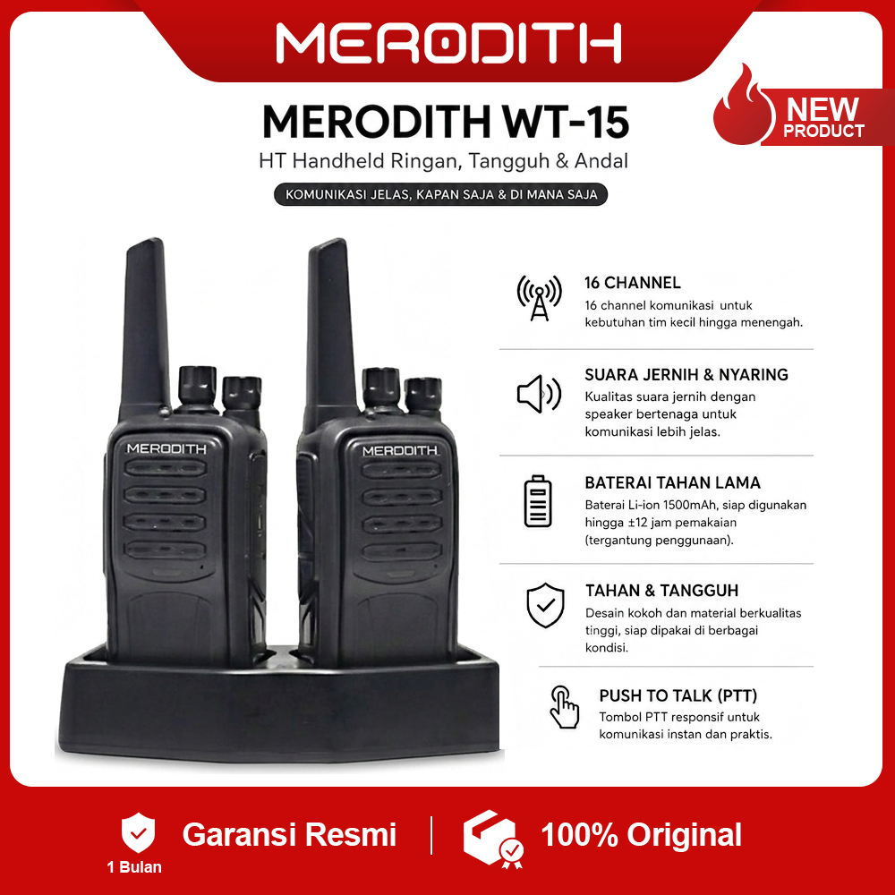 MERODITH WT15 Walkie Talkie UHF 16 Channel Handy Talky RADIO DUA ARAH 2 UNIT 3-5KM dengan Baterai 1200mAh & Fitur VOX Function untuk Proyek & Security